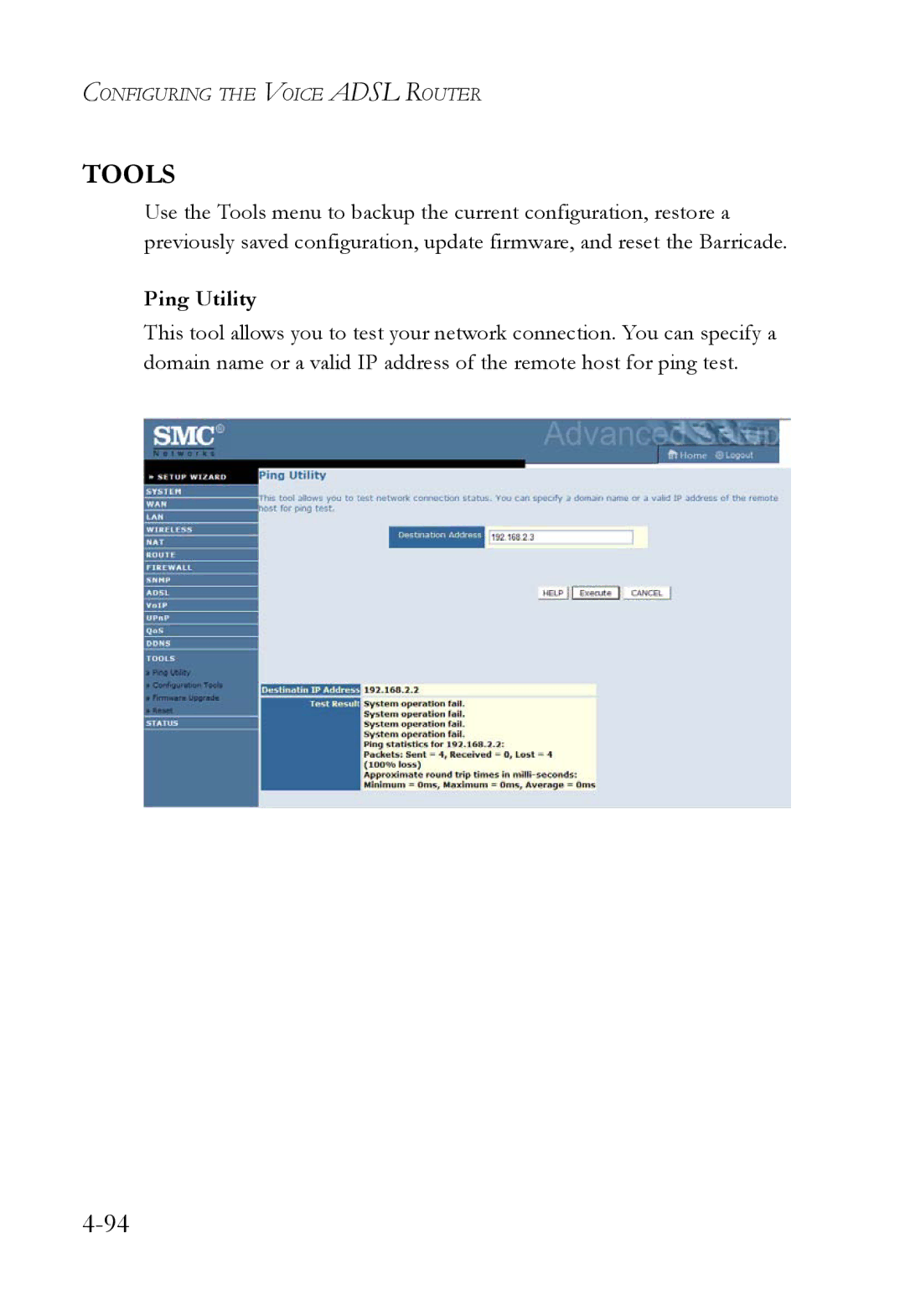 SMC Networks SMC7908VoWBRA2 manual Tools, Ping Utility 