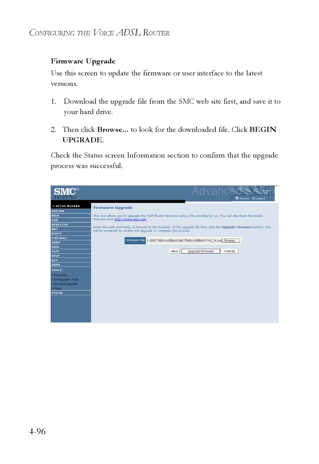 SMC Networks SMC7908VoWBRA2 manual Firmware Upgrade 