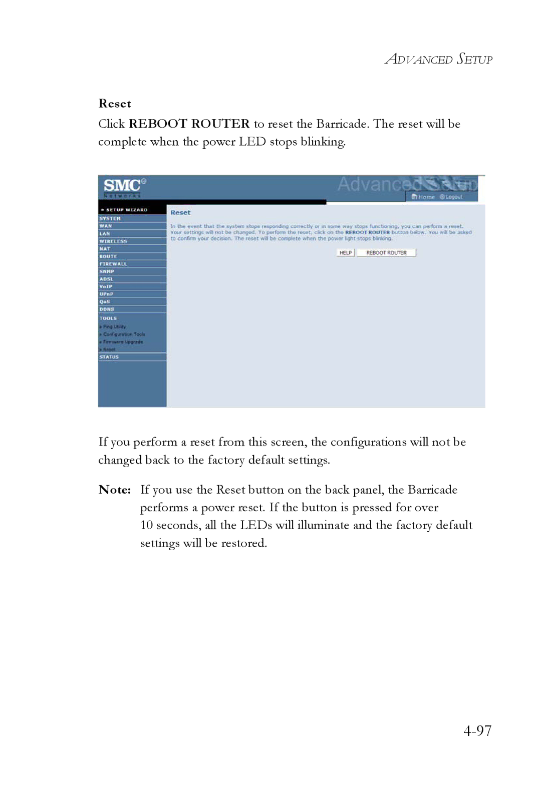 SMC Networks SMC7908VoWBRA2 manual Reset 