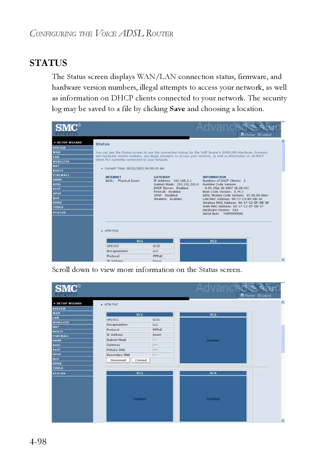 SMC Networks SMC7908VoWBRA2 manual Status 