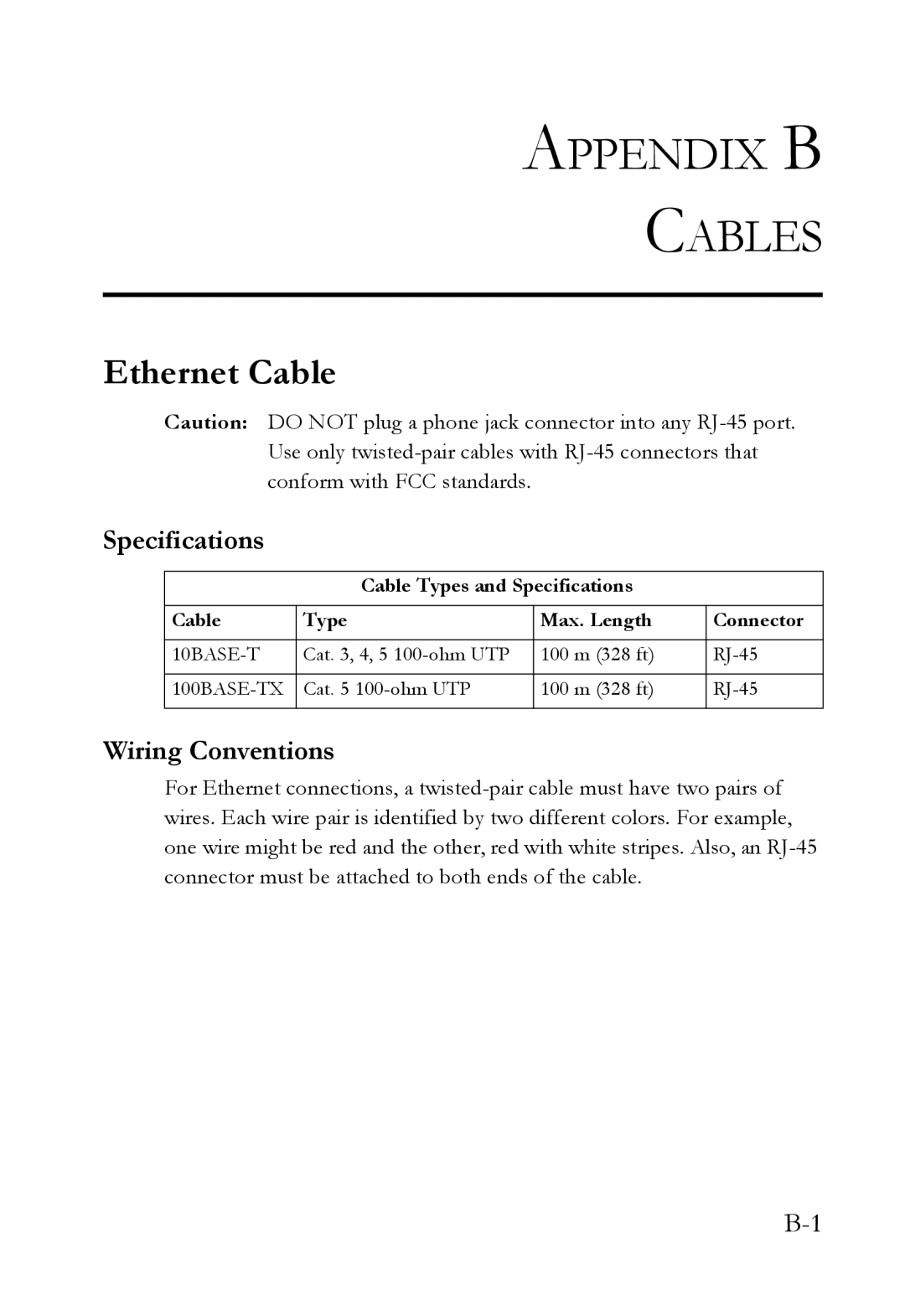 SMC Networks SMC7908VoWBRA2 manual Ethernet Cable, Specifications, Wiring Conventions 