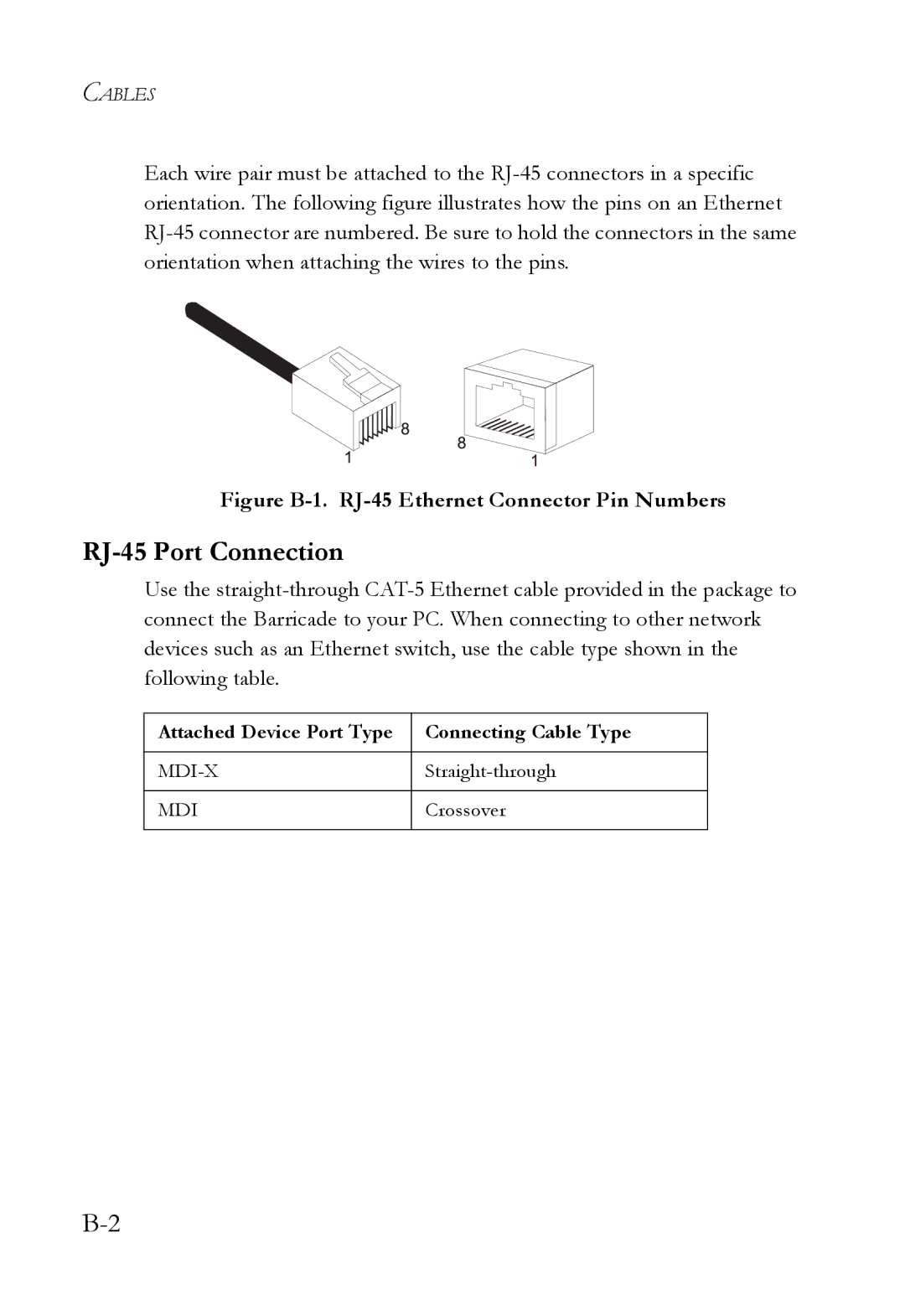 SMC Networks SMC7908VoWBRA2 manual RJ-45 Port Connection, Figure B-1. RJ-45 Ethernet Connector Pin Numbers 