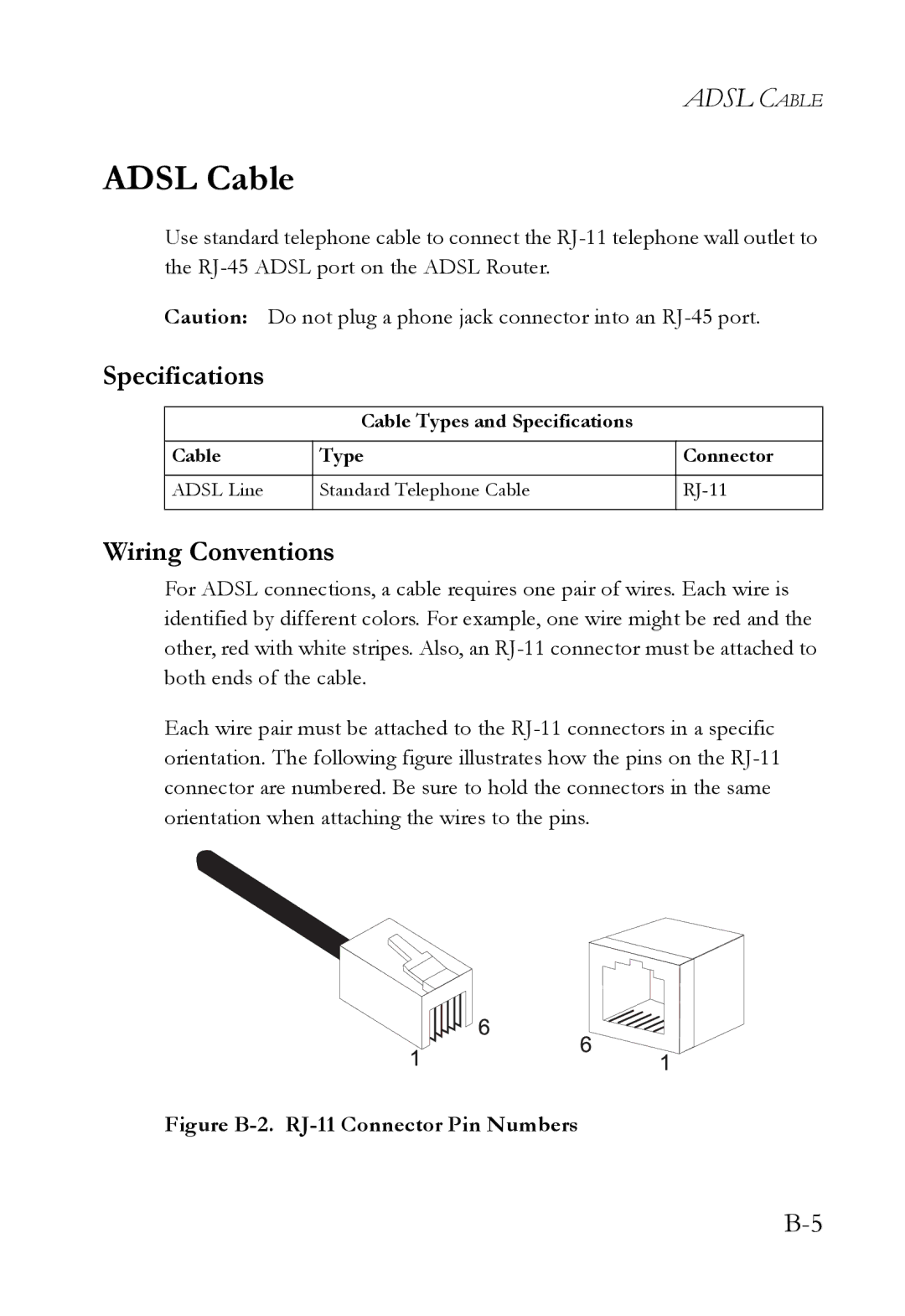 SMC Networks SMC7908VoWBRA2 manual Adsl Cable, Figure B-2. RJ-11 Connector Pin Numbers 