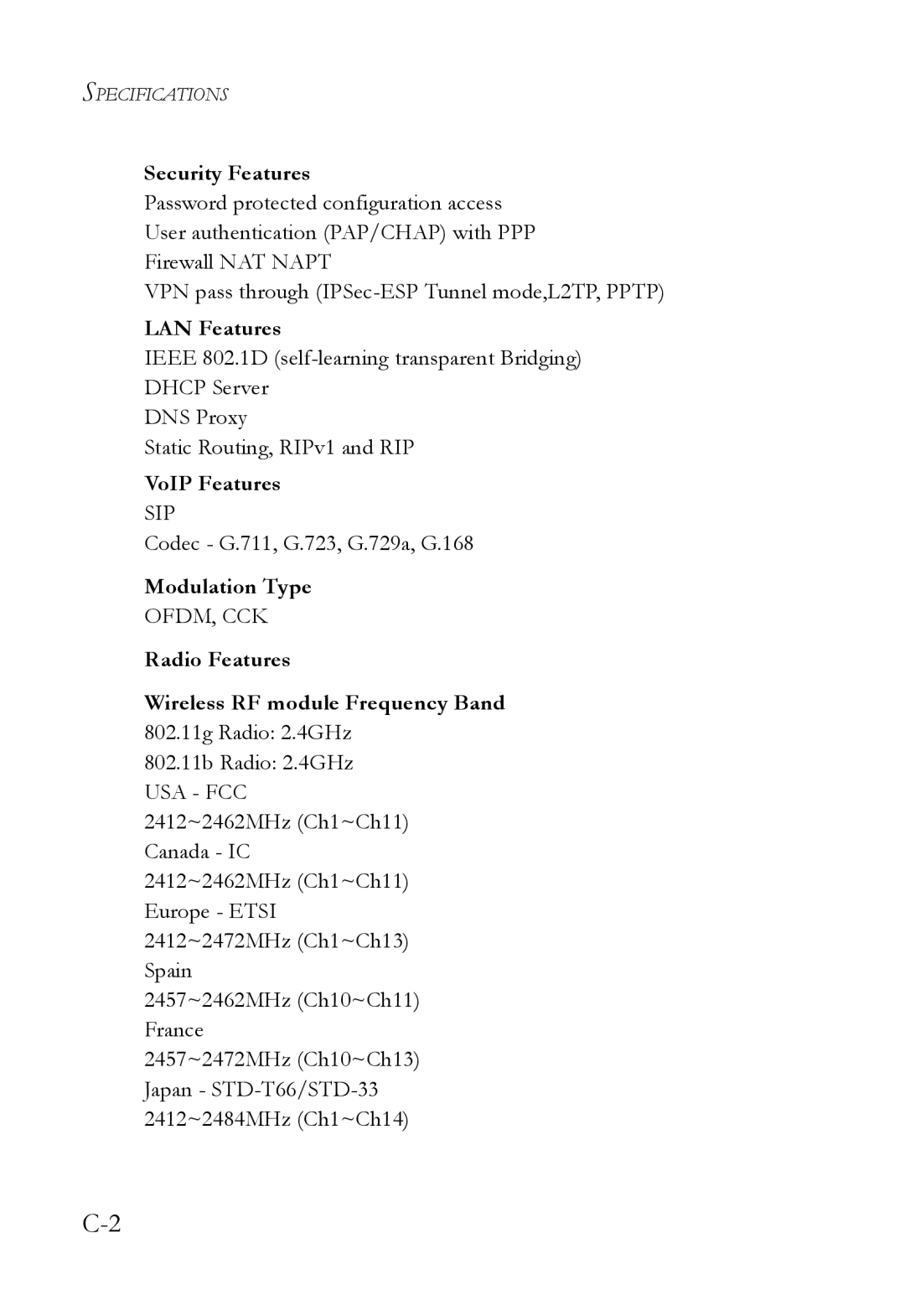 SMC Networks SMC7908VoWBRA2 manual Security Features, LAN Features, VoIP Features, Modulation Type 