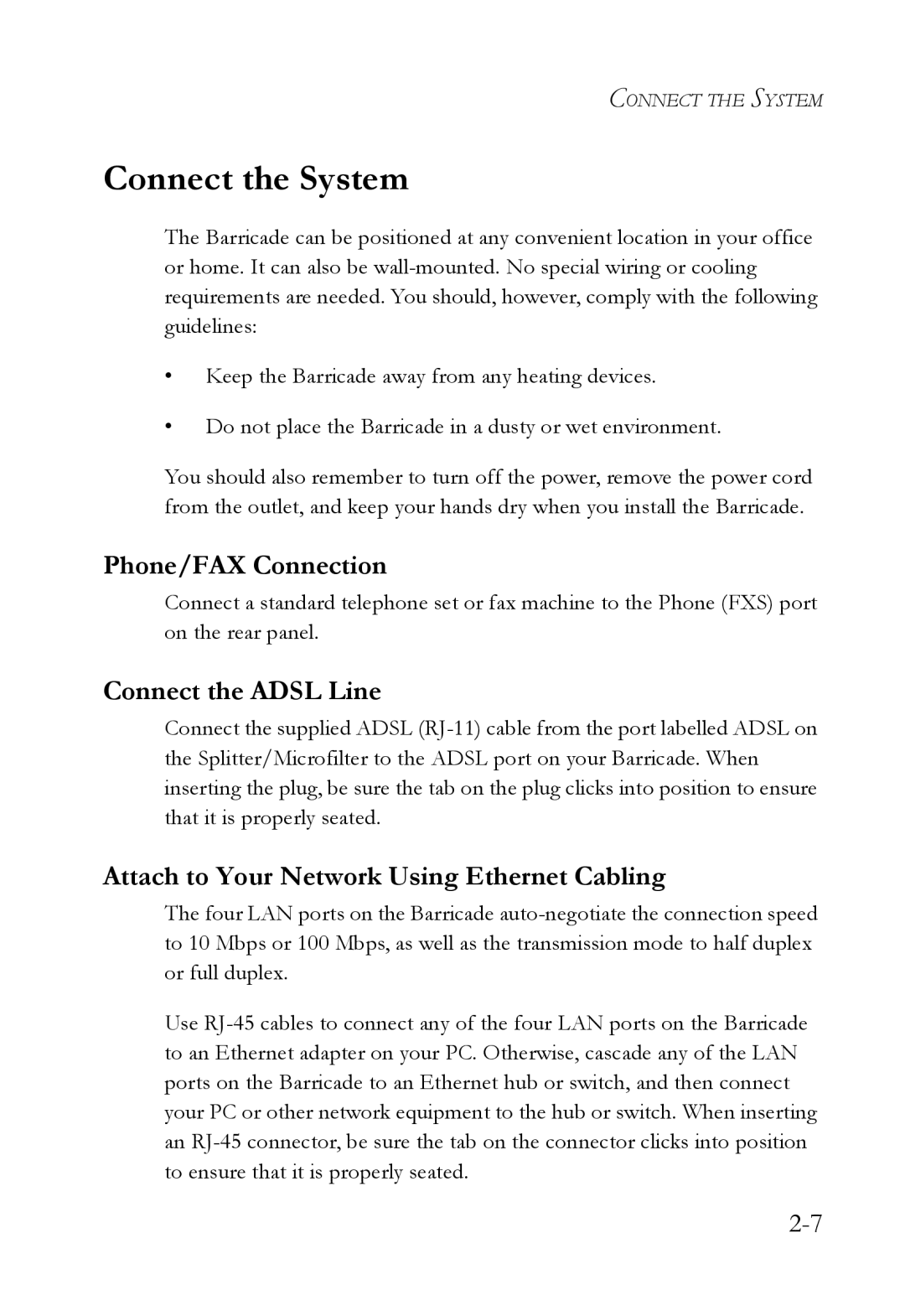 SMC Networks SMC7908VoWBRA2 manual Connect the System, Phone/FAX Connection, Connect the Adsl Line 