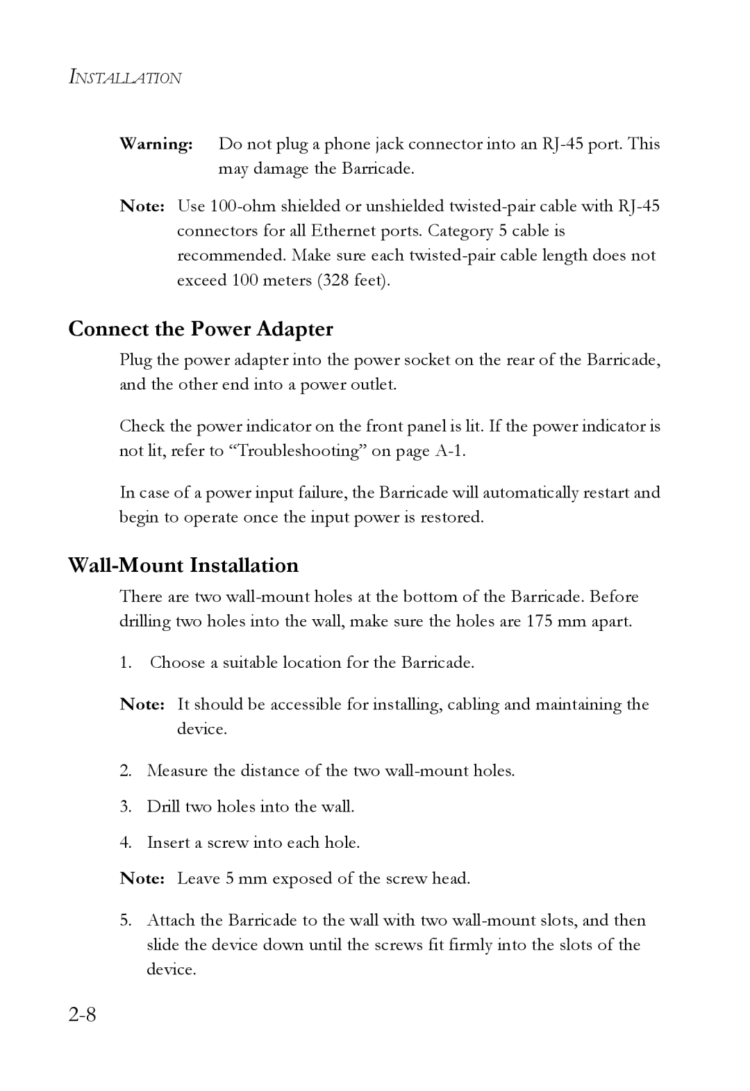 SMC Networks SMC7908VoWBRA2 manual Connect the Power Adapter, Wall-Mount Installation 