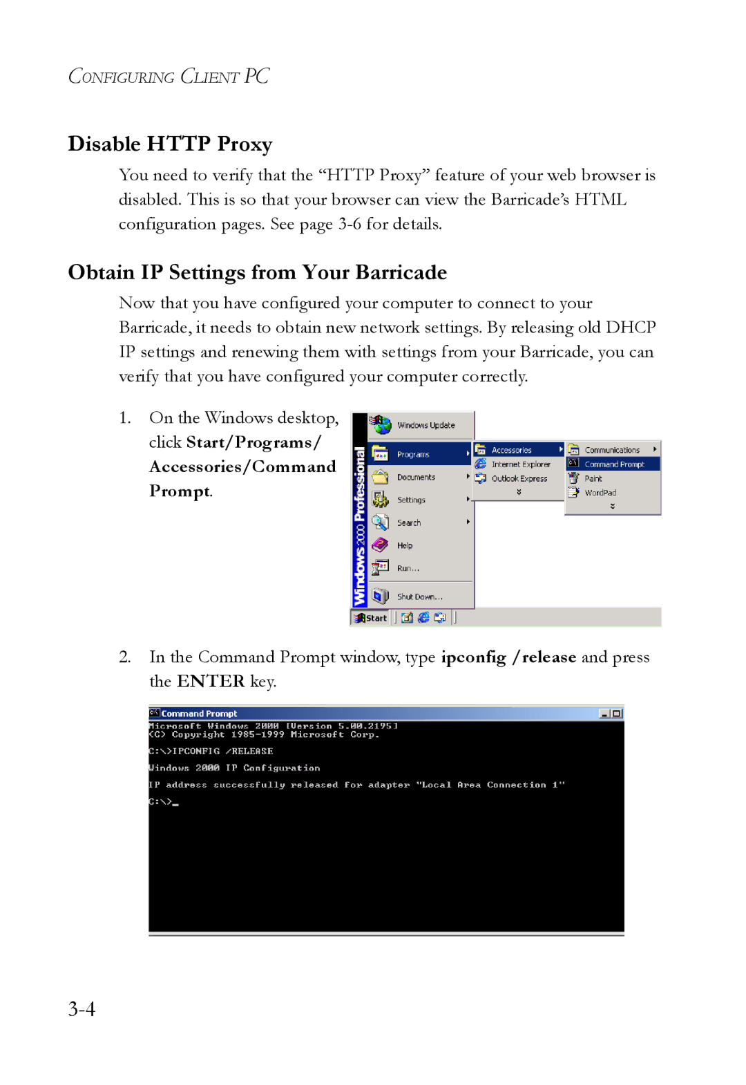 SMC Networks SMC7908VoWBRA2 manual Disable Http Proxy, Obtain IP Settings from Your Barricade, Accessories/Command Prompt 