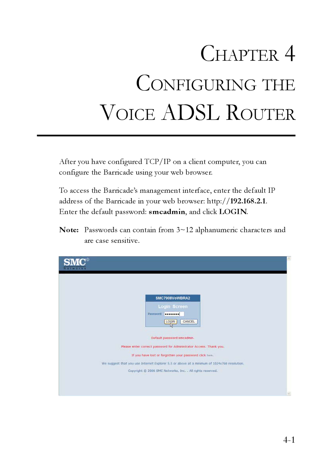 SMC Networks SMC7908VoWBRA2 manual Chapter Configuring Voice Adsl Router 