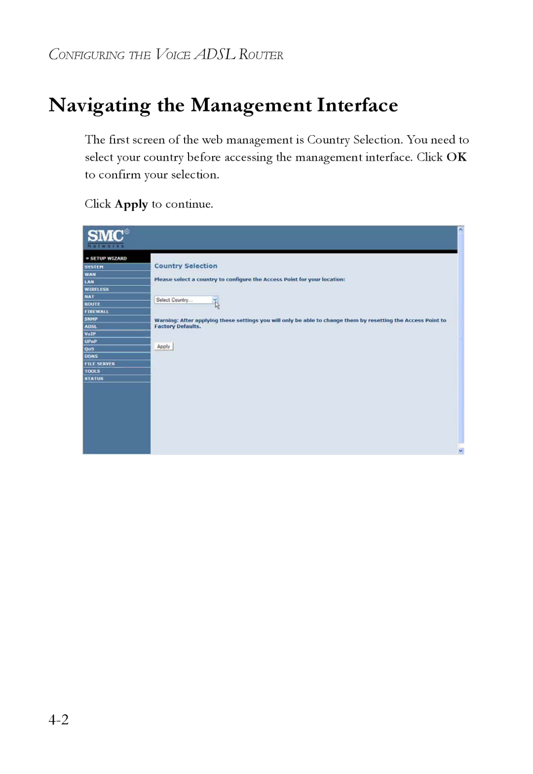 SMC Networks SMC7908VoWBRA2 manual Navigating the Management Interface 