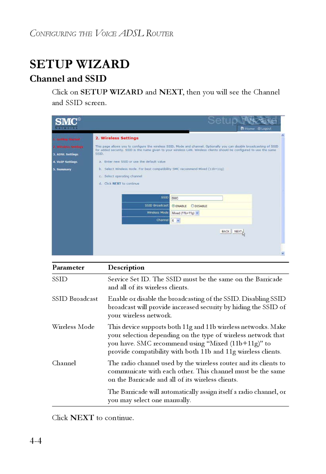 SMC Networks SMC7908VoWBRA2 manual Setup Wizard, Channel and Ssid 