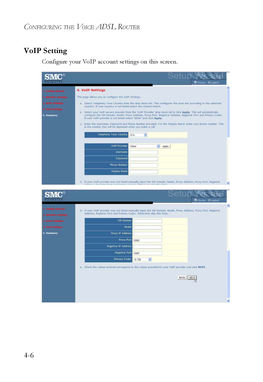 SMC Networks SMC7908VoWBRA2 manual VoIP Setting, Configure your VoIP account settings on this screen 