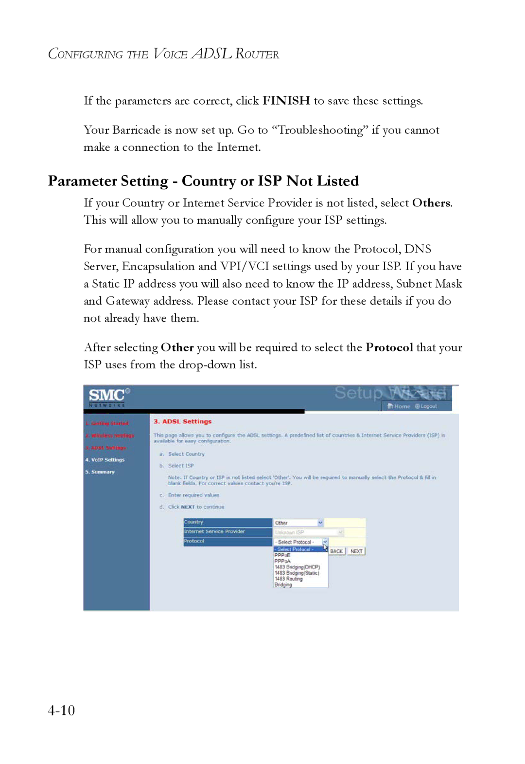 SMC Networks SMC7908VoWBRA2 manual Parameter Setting Country or ISP Not Listed 