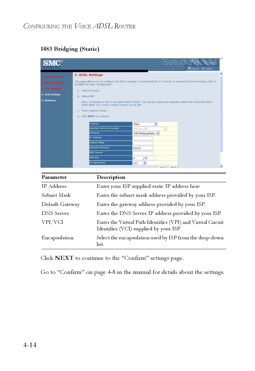 SMC Networks SMC7908VoWBRA2 manual Bridging Static 