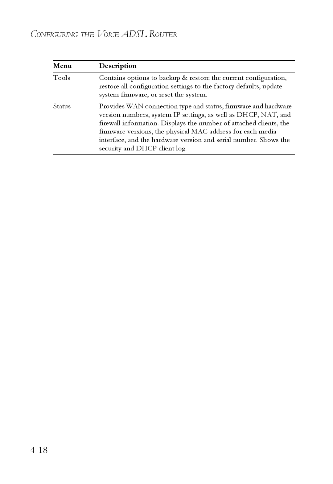 SMC Networks SMC7908VoWBRA2 manual Version numbers, system IP settings, as well as DHCP, NAT 