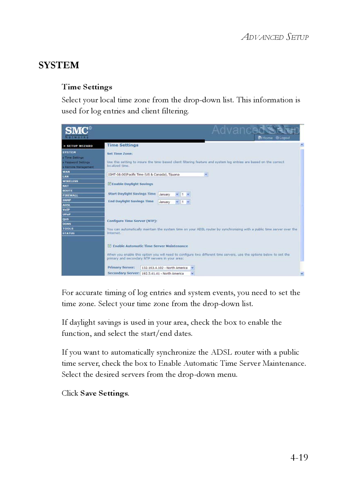 SMC Networks SMC7908VoWBRA2 manual System, Time Settings, Click Save Settings 