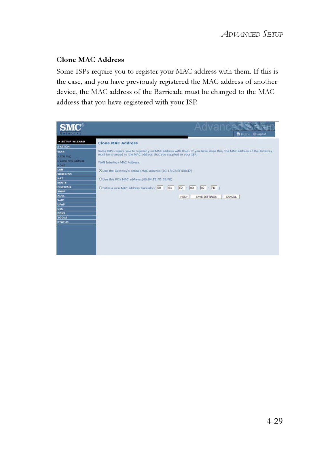 SMC Networks SMC7908VoWBRA2 manual Clone MAC Address 