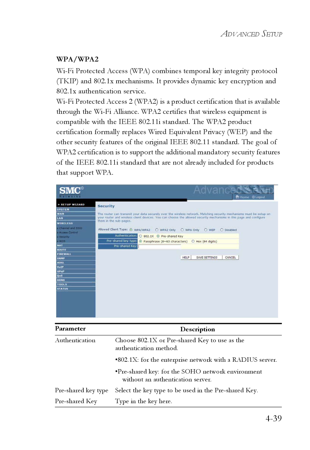 SMC Networks SMC7908VoWBRA2 manual WPA/WPA2 