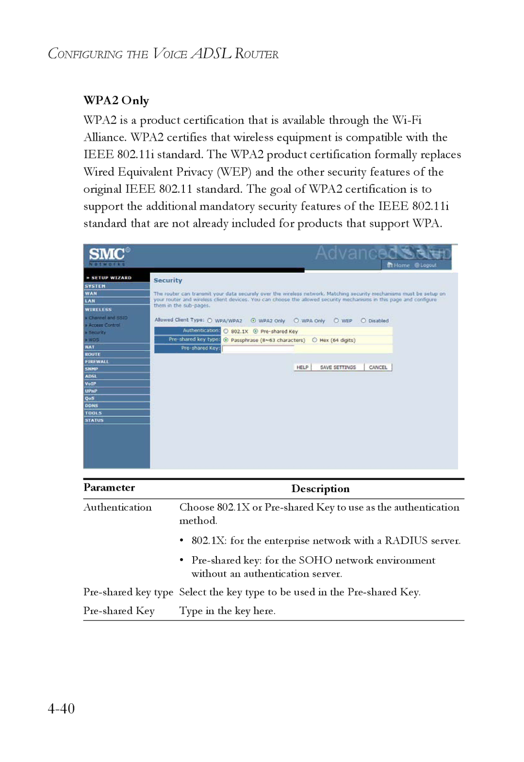 SMC Networks SMC7908VoWBRA2 manual WPA2 Only 