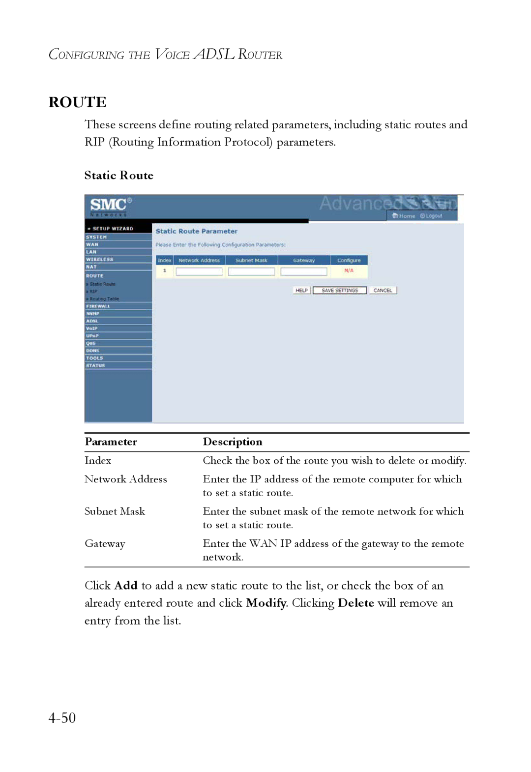 SMC Networks SMC7908VoWBRA2 manual Static Route 