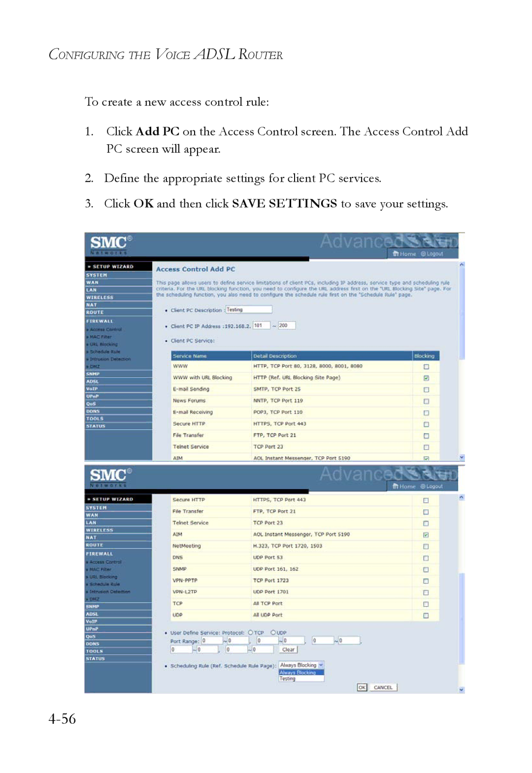 SMC Networks SMC7908VoWBRA2 manual Configuring the Voice Adsl Router 