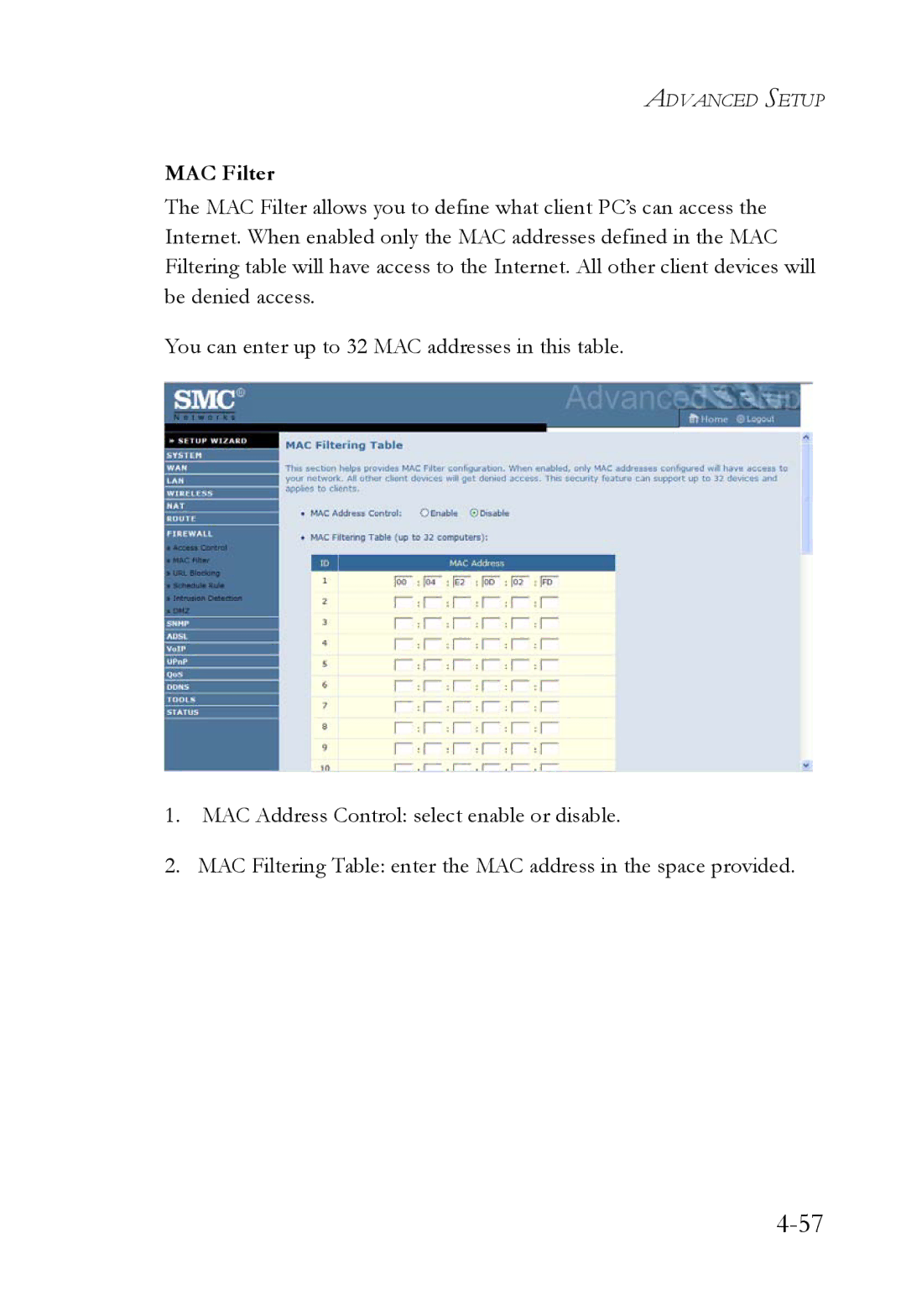 SMC Networks SMC7908VoWBRA2 manual MAC Filter 