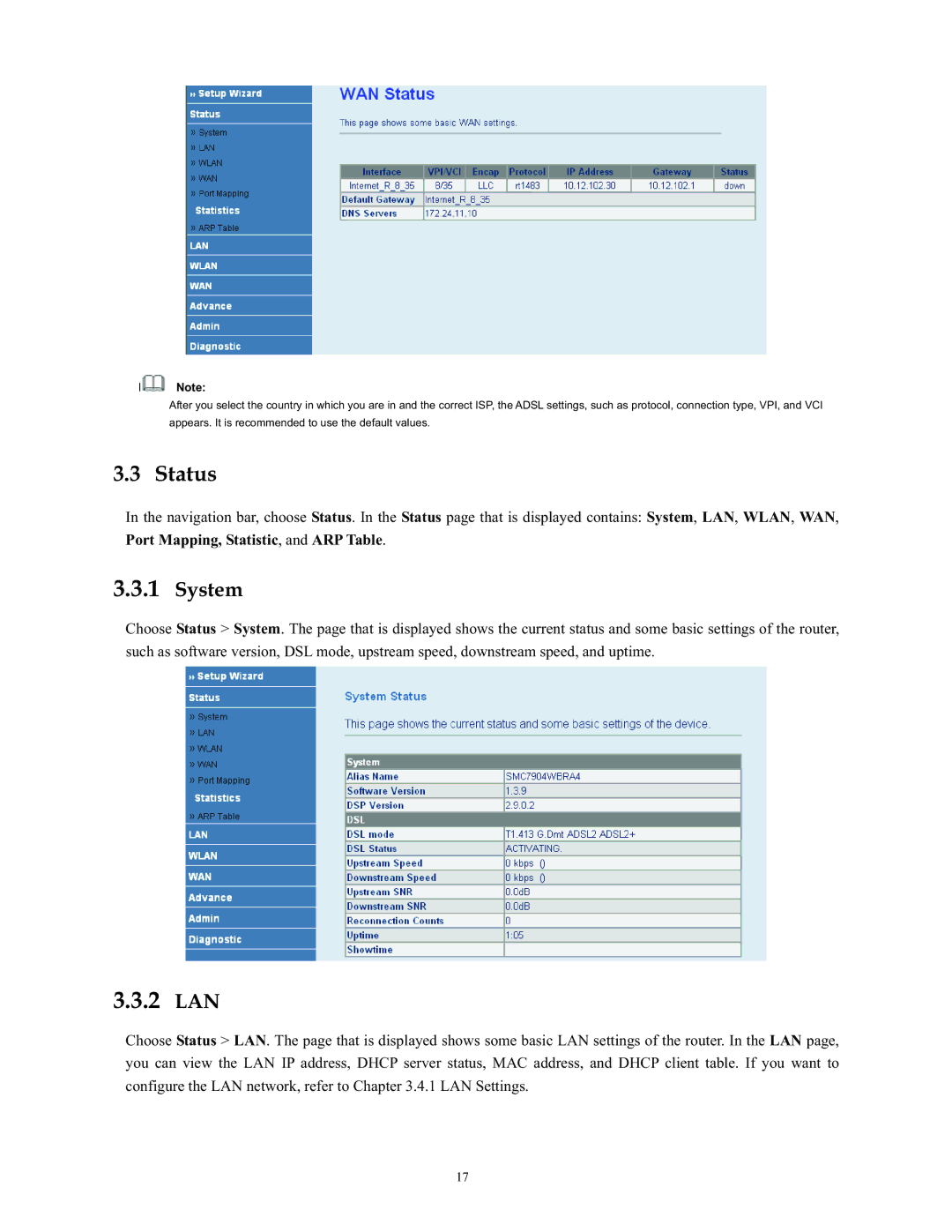 SMC Networks SMC790WBRA4 manual Status, System, 2 LAN 