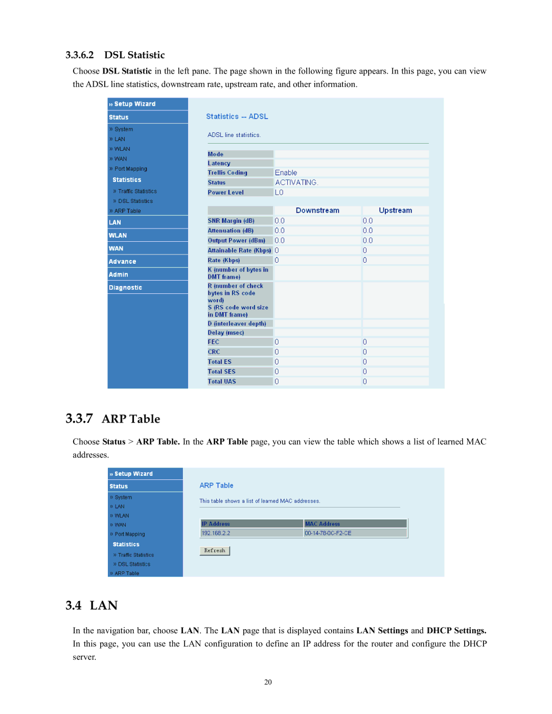 SMC Networks SMC790WBRA4 manual Lan, ARP Table, DSL Statistic 