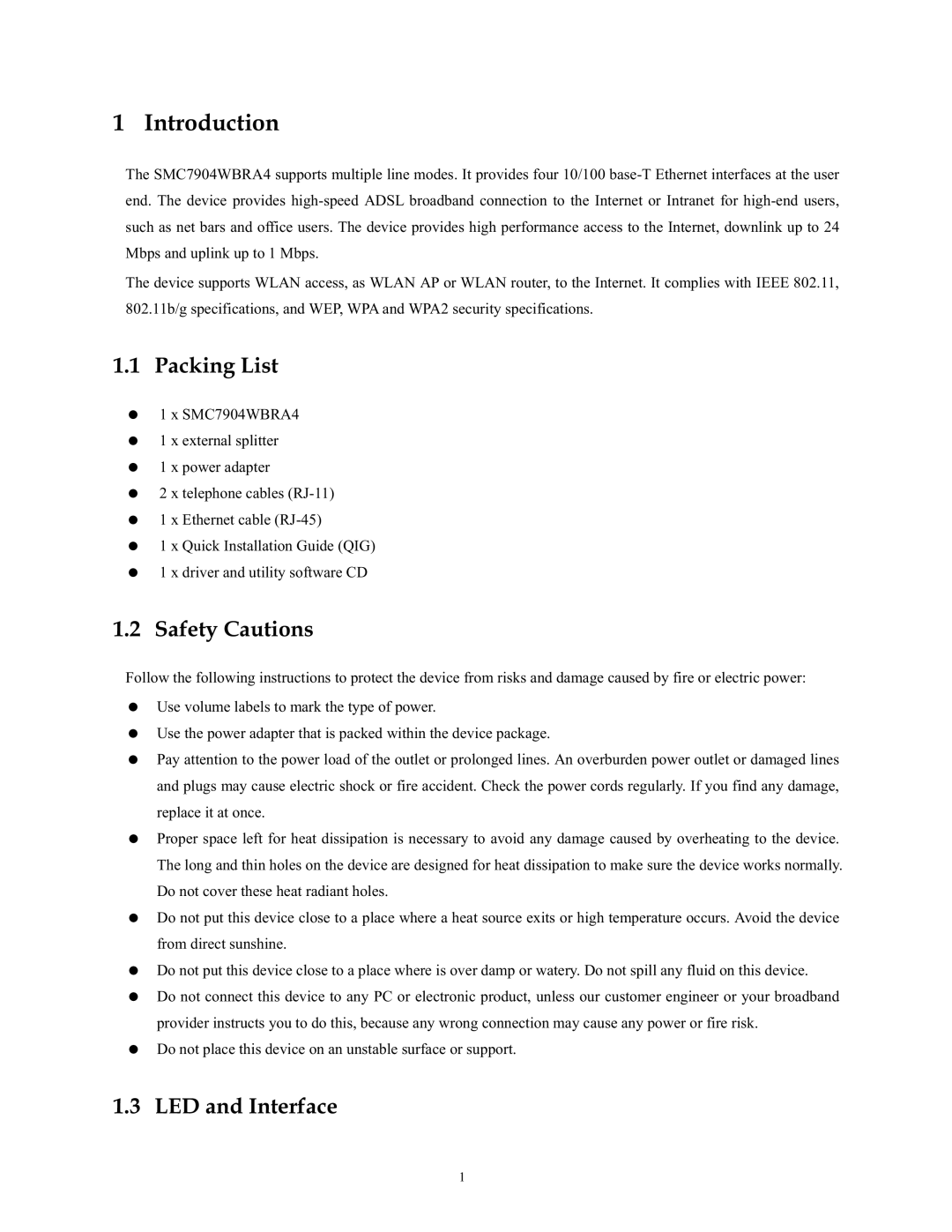 SMC Networks SMC790WBRA4 manual Packing List, Safety Cautions, LED and Interface 