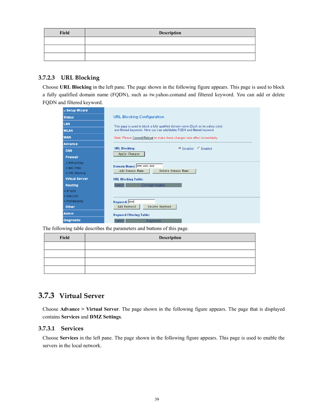 SMC Networks SMC790WBRA4 manual Virtual Server, URL Blocking, Services 