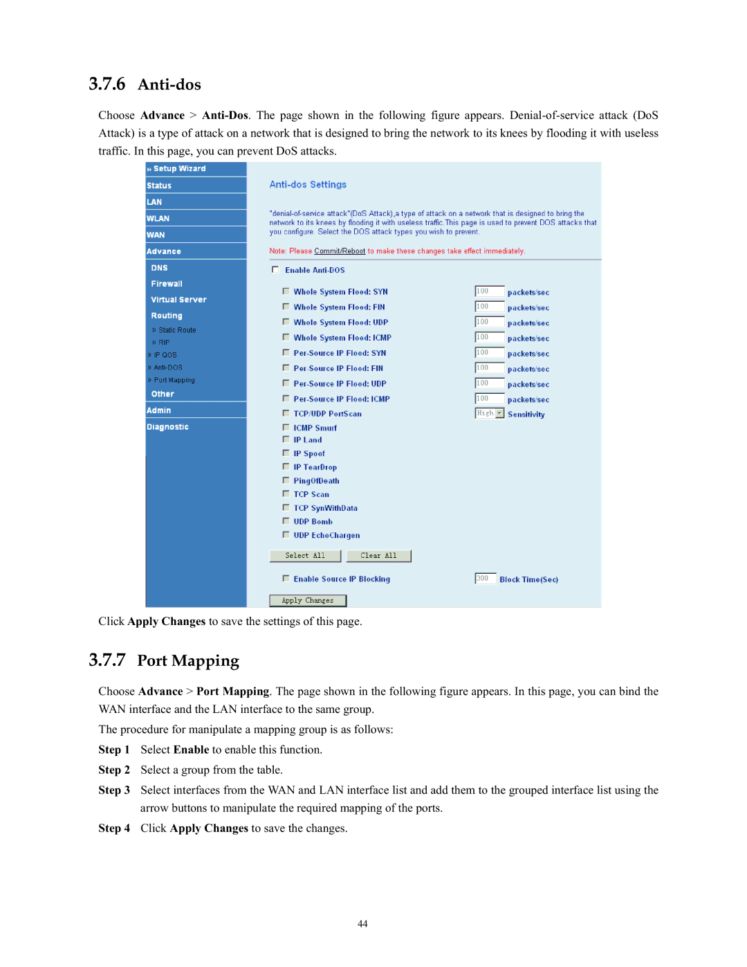 SMC Networks SMC790WBRA4 manual Anti-dos, Port Mapping 