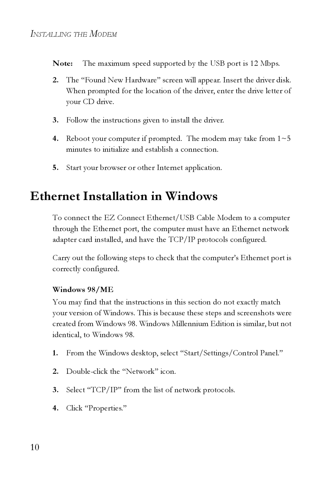 SMC Networks SMC8011CM manual Ethernet Installation in Windows, Windows 98/ME 