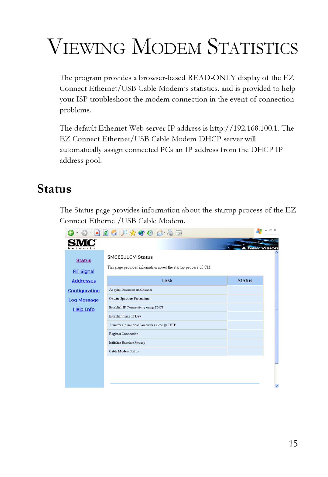 SMC Networks SMC8011CM manual Viewing Modem Statistics, Status 