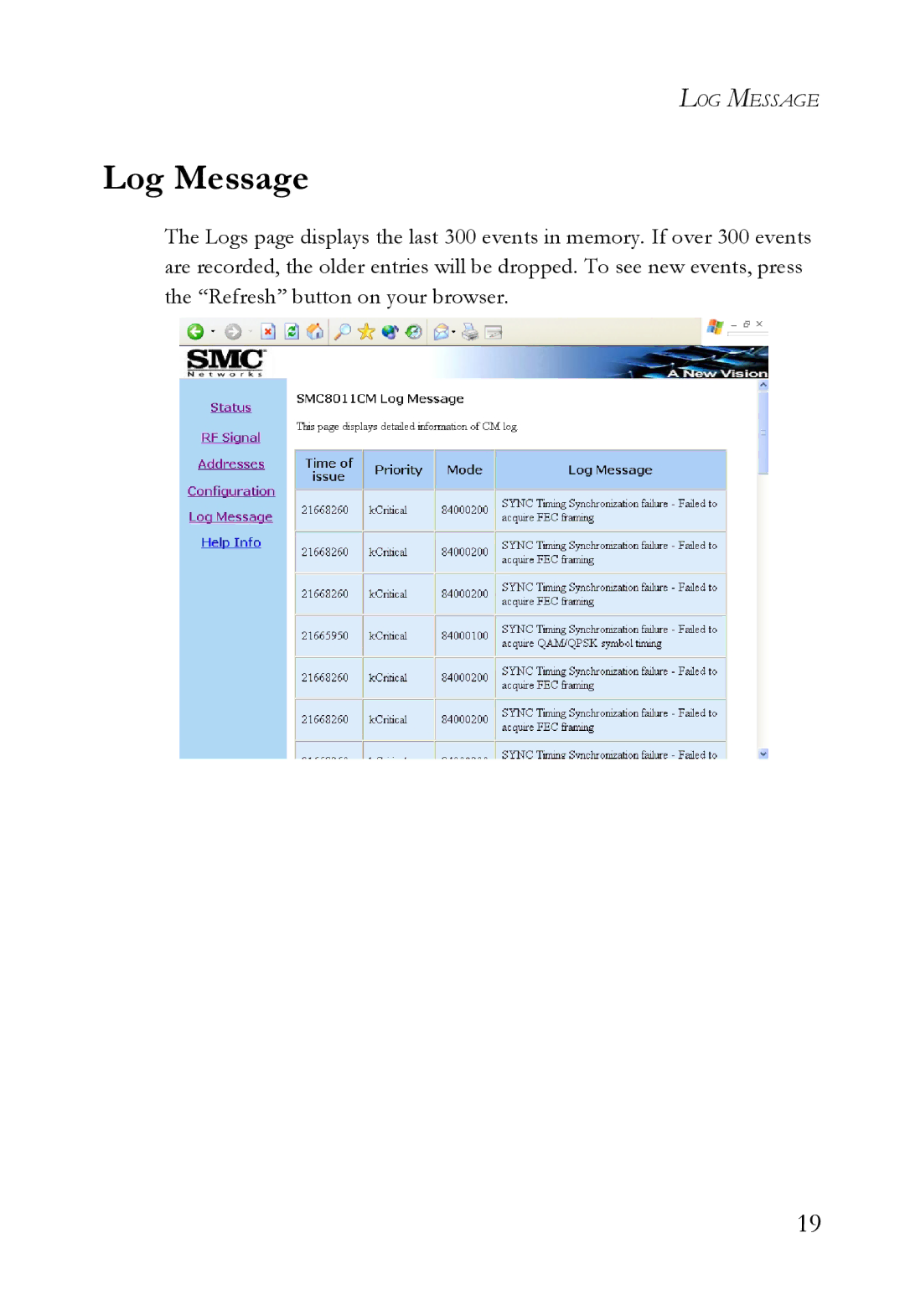 SMC Networks SMC8011CM manual Log Message 