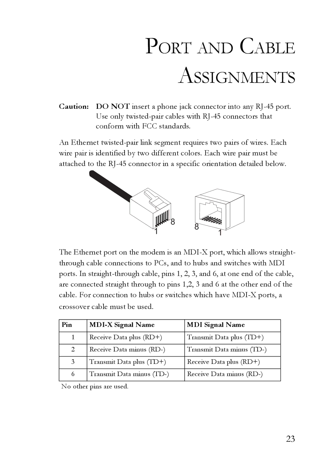 SMC Networks SMC8011CM manual Port and Cable Assignments, Pin MDI-X Signal Name MDI Signal Name 