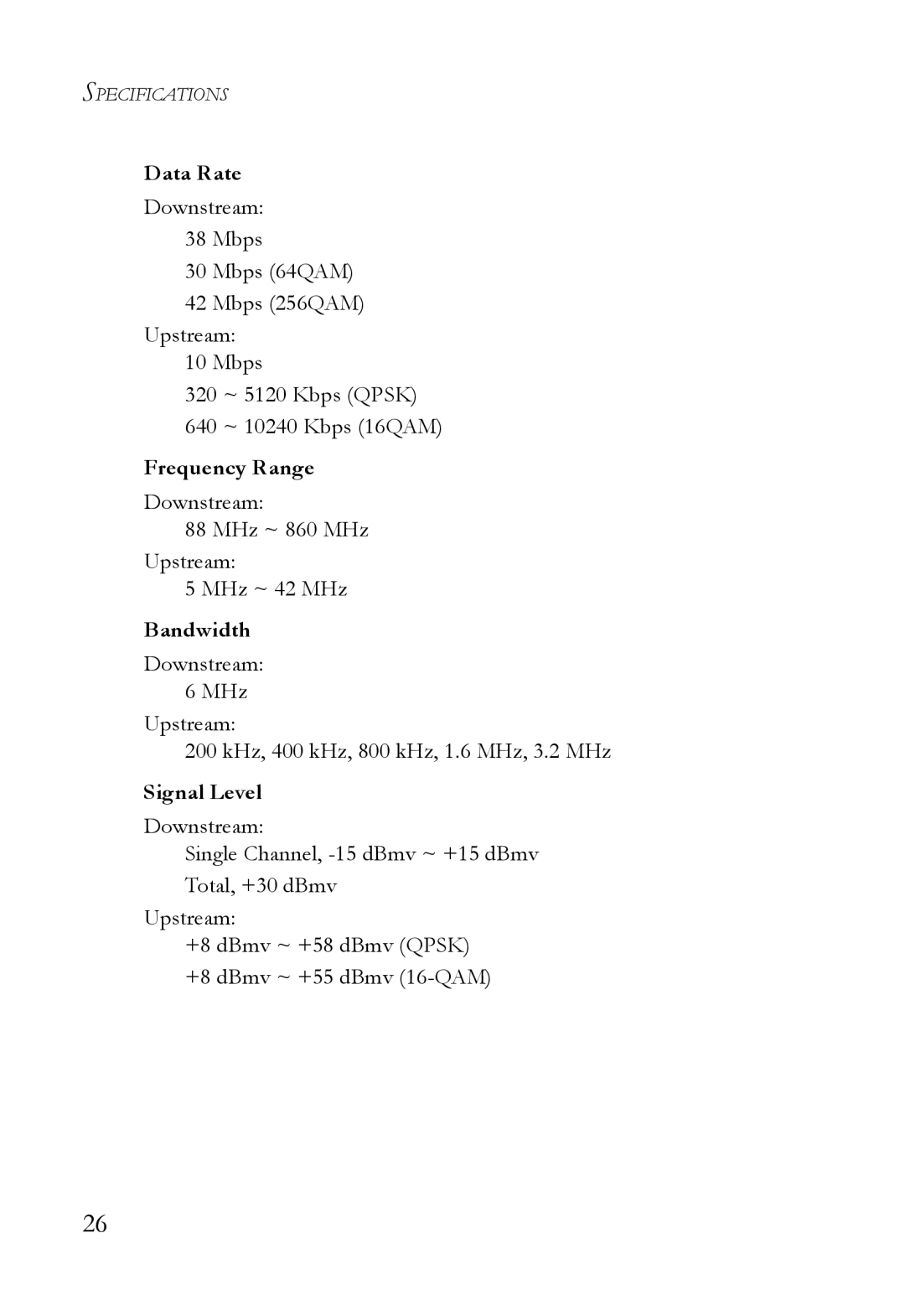 SMC Networks SMC8011CM manual Data Rate, Frequency Range, Bandwidth, Signal Level 