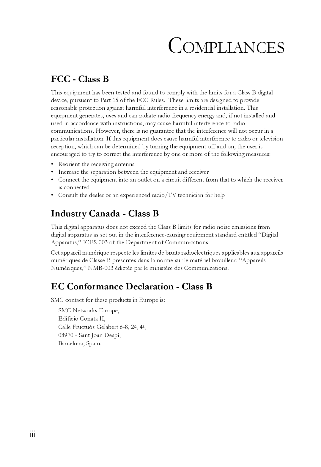 SMC Networks SMC8011CM manual Compliances, FCC Class B 