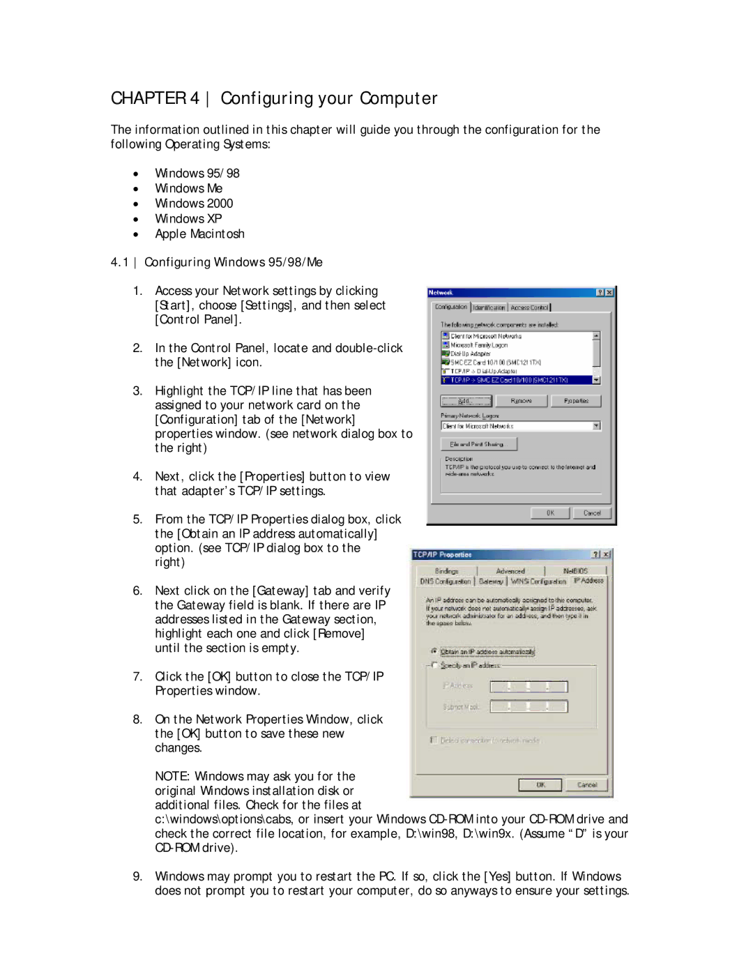 SMC Networks SMC8013WG manual Configuring your Computer, Configuring Windows 95/98/Me 