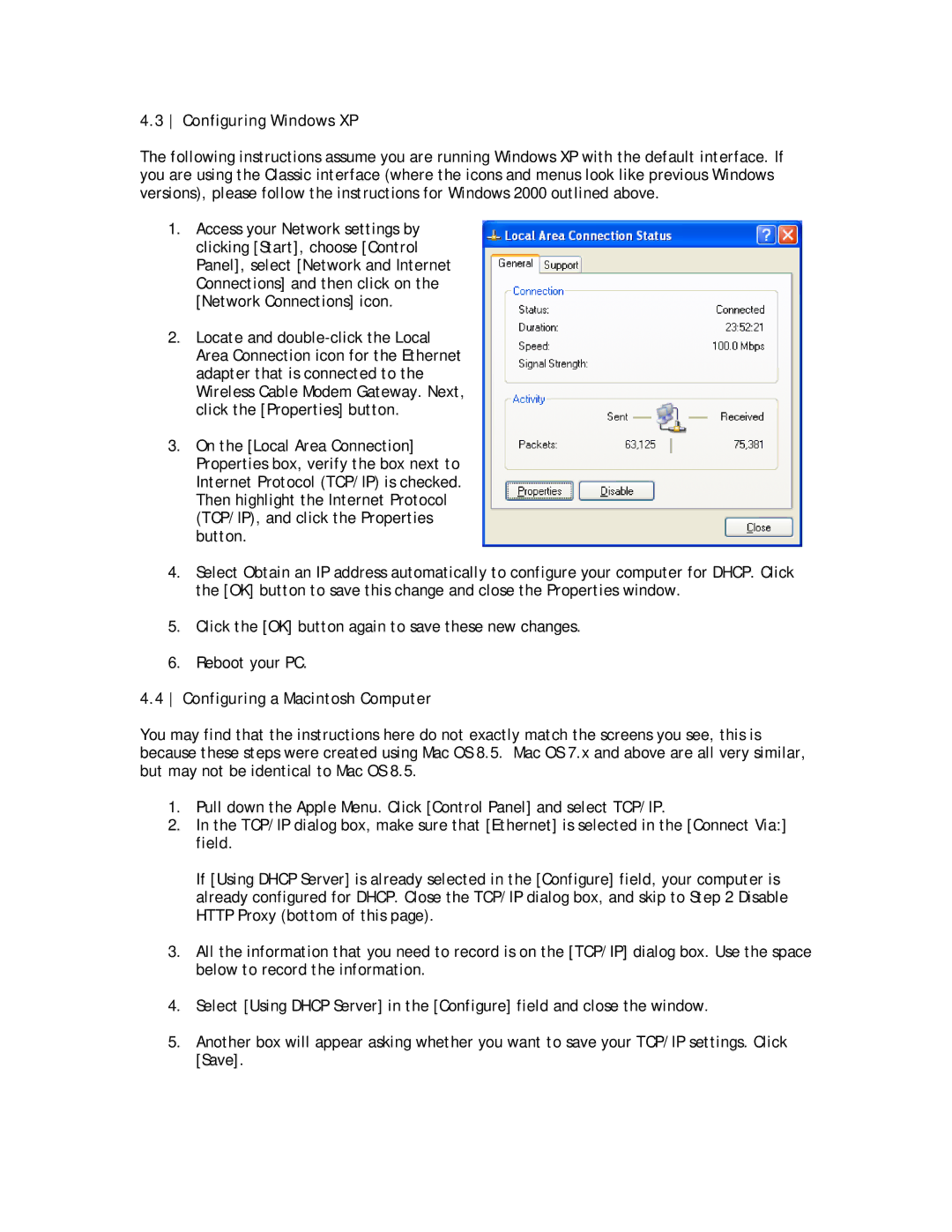 SMC Networks SMC8013WG manual Configuring Windows XP, Configuring a Macintosh Computer 