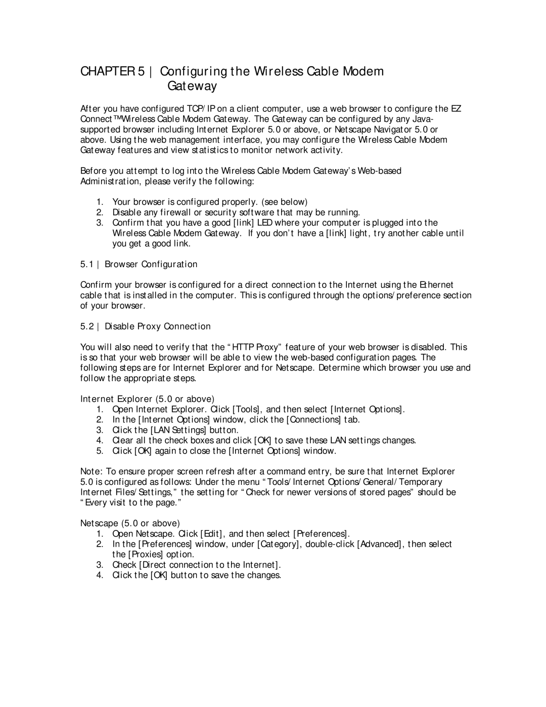 SMC Networks SMC8013WG manual Configuring the Wireless Cable Modem Gateway, Browser Configuration, Disable Proxy Connection 