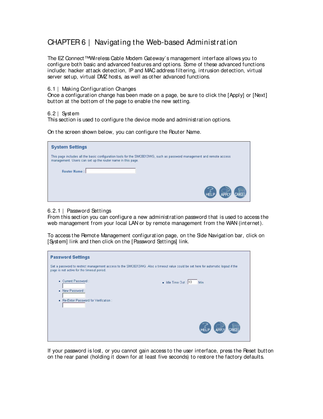 SMC Networks SMC8013WG Navigating the Web-based Administration, Making Configuration Changes, System, Password Settings 