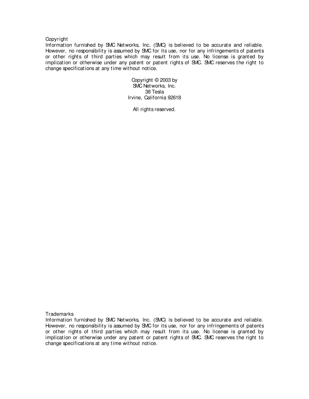 SMC Networks SMC8013WG manual Copyright, Trademarks 