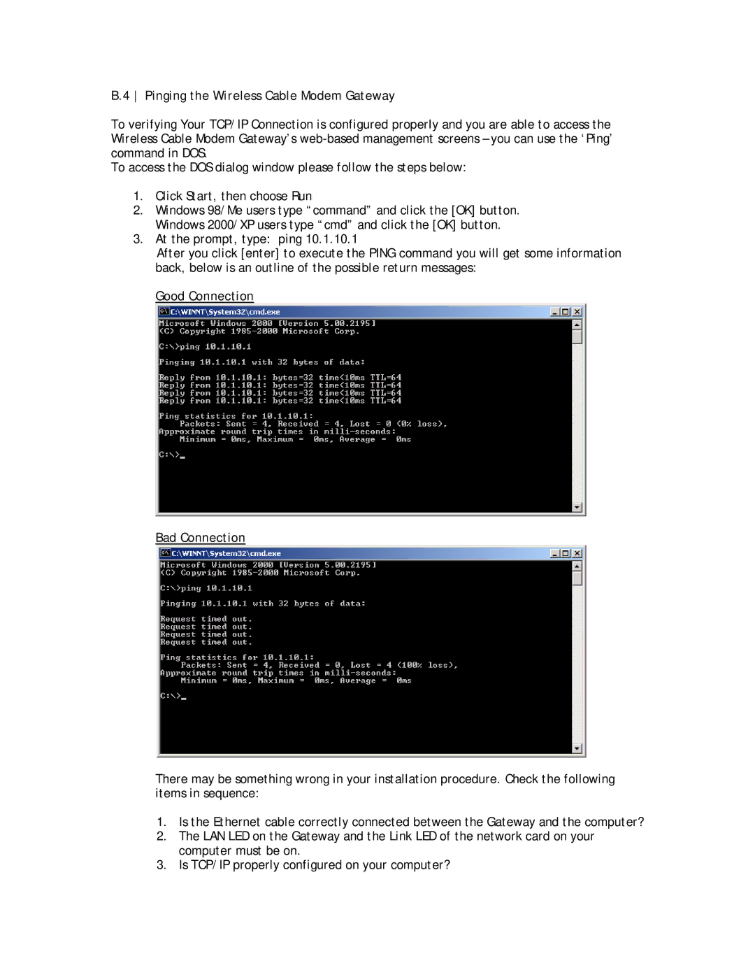 SMC Networks SMC8013WG manual Pinging the Wireless Cable Modem Gateway, Good Connection Bad Connection 