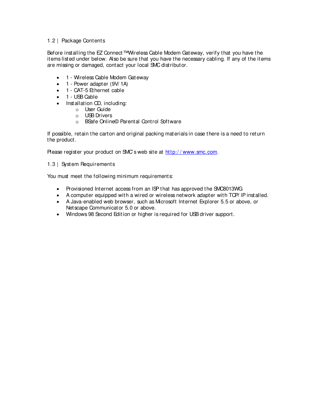 SMC Networks SMC8013WG manual Package Contents, System Requirements 