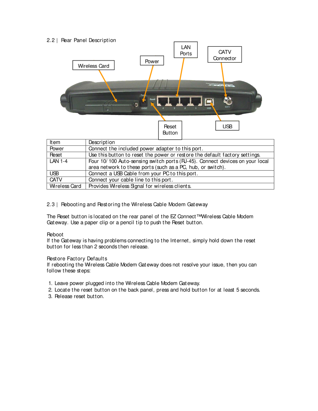 SMC Networks SMC8013WG manual Rear Panel Description, Rebooting and Restoring the Wireless Cable Modem Gateway 