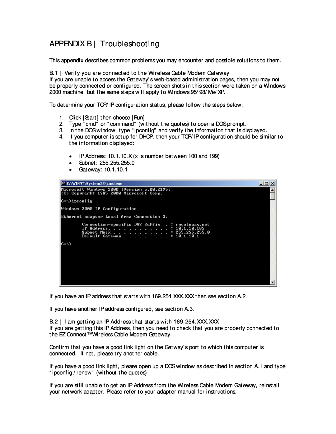 SMC Networks SMC8013WG manual APPENDIX B Troubleshooting, B.1 Verify you are connected to the Wireless Cable Modem Gateway 