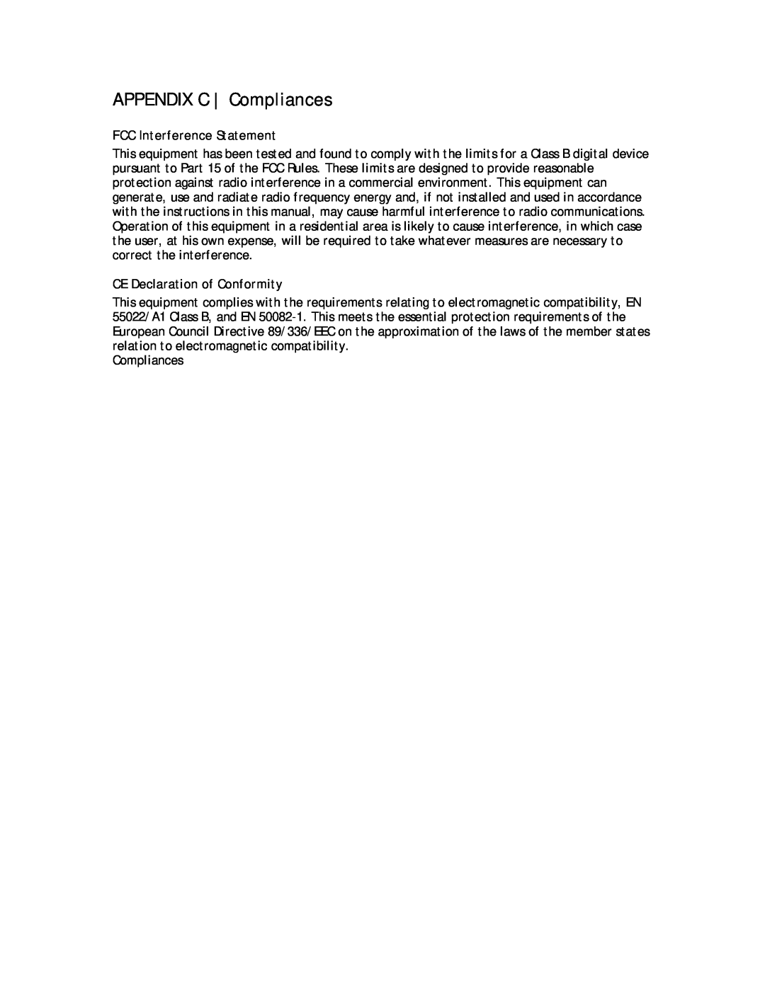 SMC Networks SMC8013WG manual APPENDIX C Compliances, FCC Interference Statement, CE Declaration of Conformity 