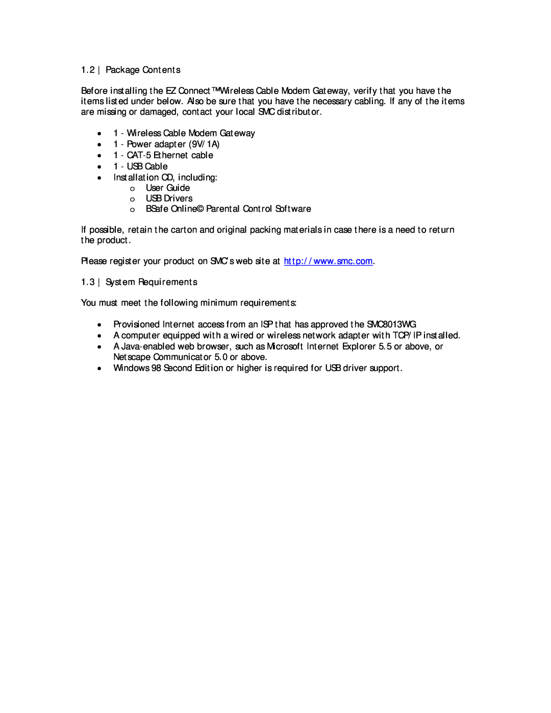 SMC Networks SMC8013WG manual Package Contents, System Requirements 