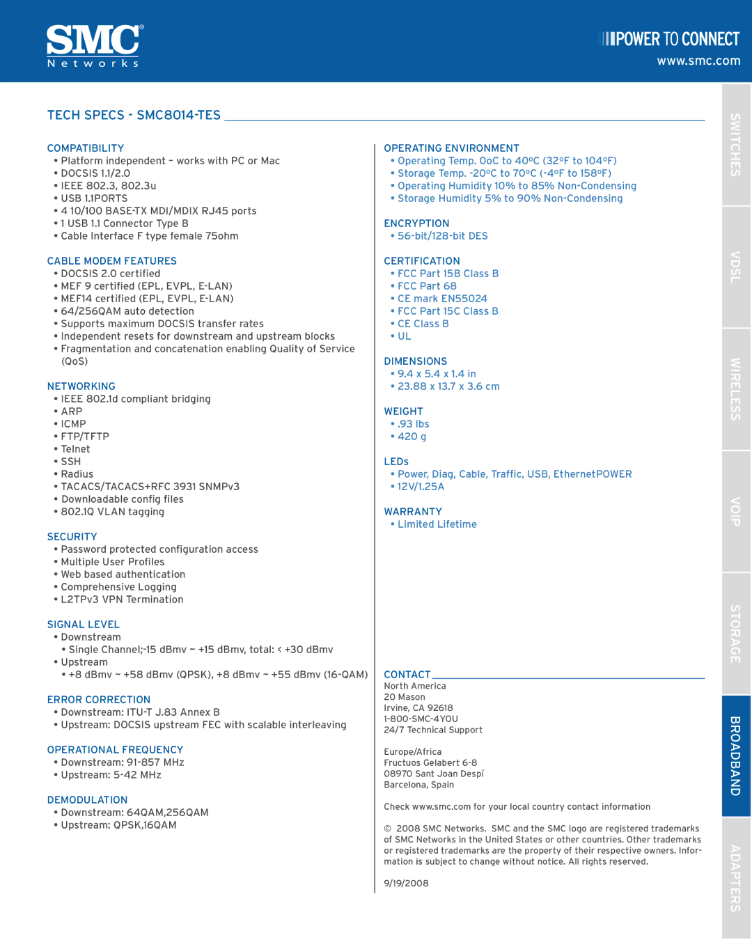 SMC Networks manual Tech Specs SMC8014-TES, USB 1.1PORTS, ARP Icmp FTP/TFTP, Ssh 