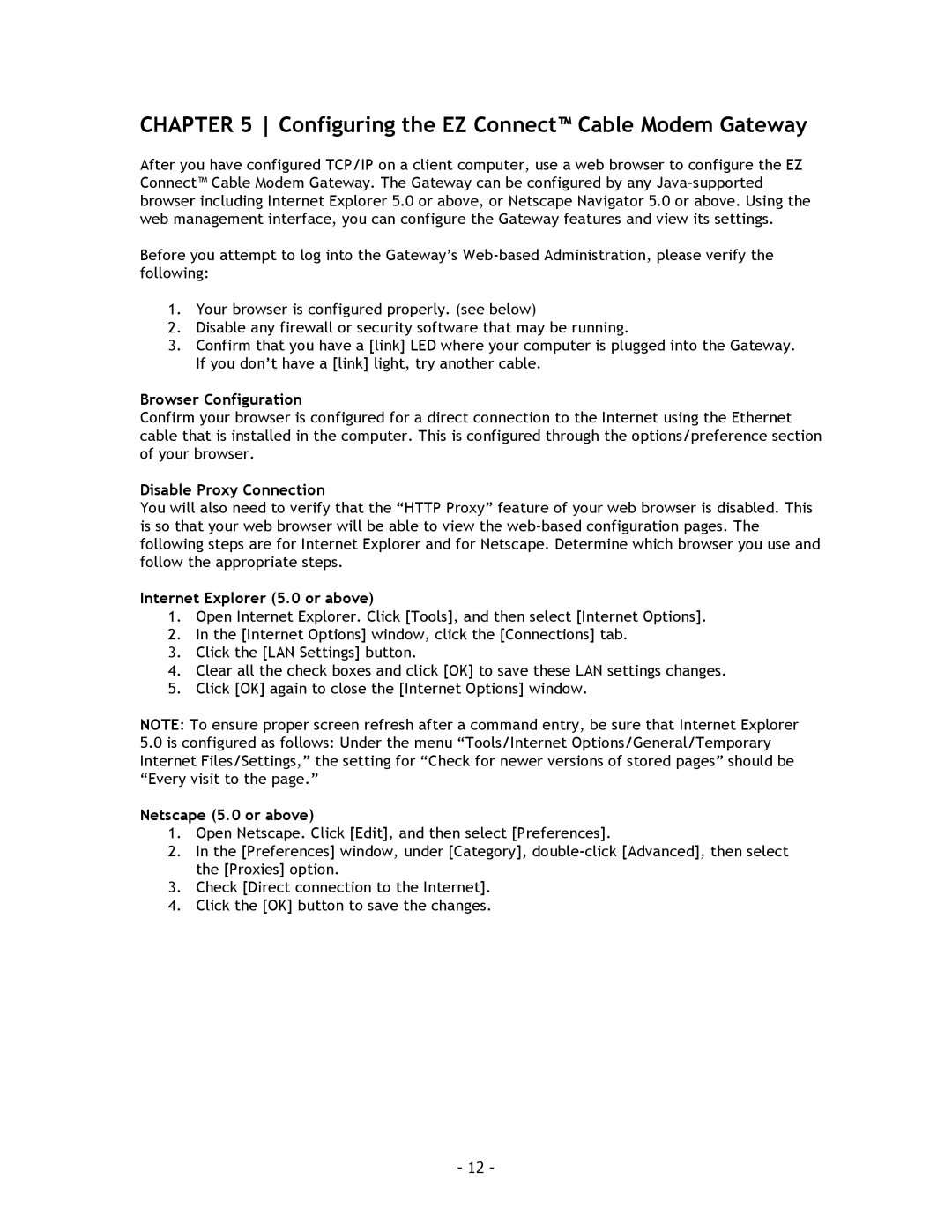 SMC Networks SMC8014 manual Configuring the EZ Connect Cable Modem Gateway, Browser Configuration, Disable Proxy Connection 