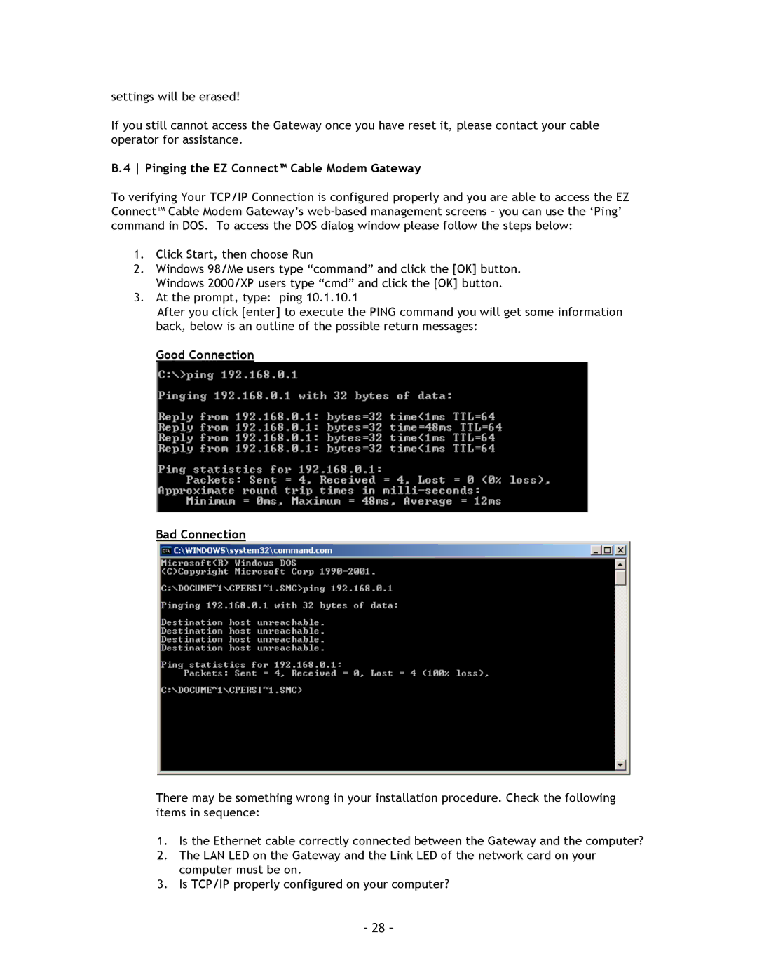 SMC Networks SMC8014 manual Pinging the EZ Connect Cable Modem Gateway, Good Connection Bad Connection 